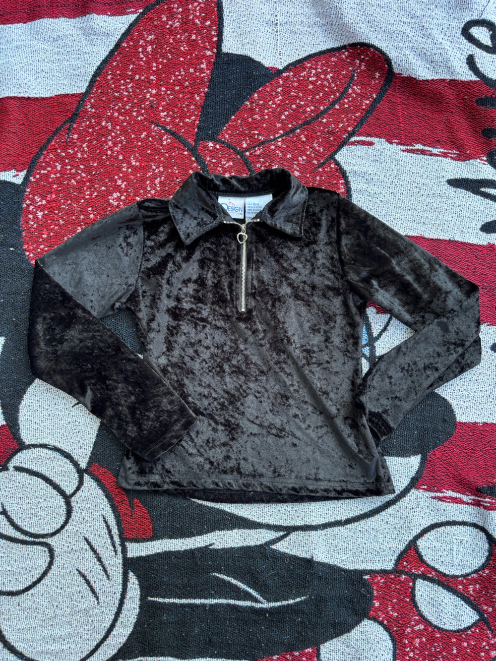VINTAGE 90s IN DESIGN BLACK VELOUR HALF ZIP SHIRT GIRLS SIZE 10/12